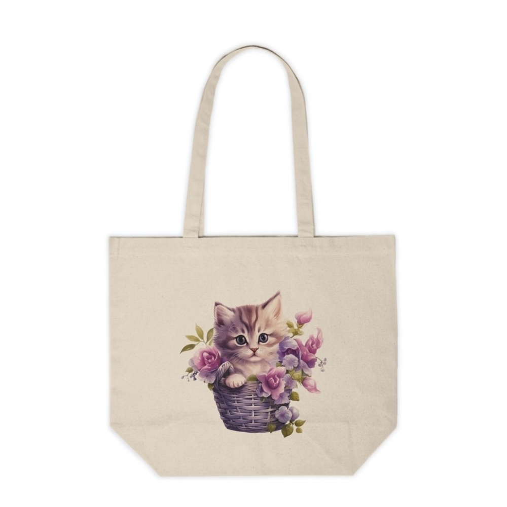 Floral Cat in a Basket Custom Canvas Tote Bag